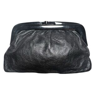 Vintage black genuine leather clutch with plastic kiss lock closure